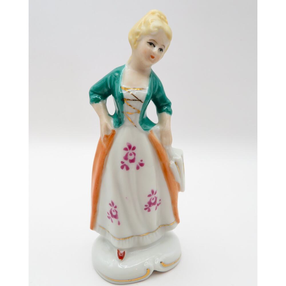 Vintage Porcelain Lady Figurine Umbrella Green Jacket Orange Skirt 5in